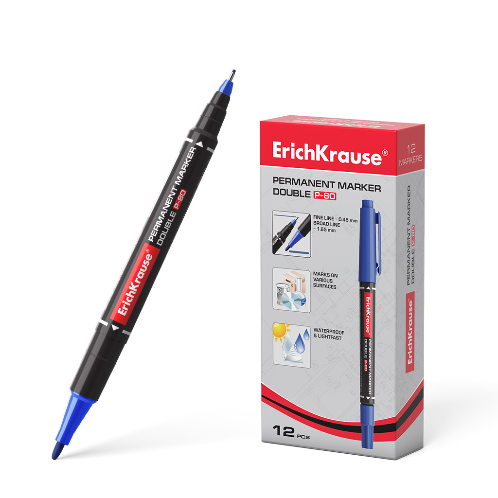 LOT de 12 Erichkrause Double P-80 Marqueur Permanent Double Face - Universel et Fineliner 2 en 1 - Encre à Base d'Alcool Imperméable et Résistant aux UV - Séchage Rapide - Non Toxique - Durée de Conservation de 5 Ans - Coloré