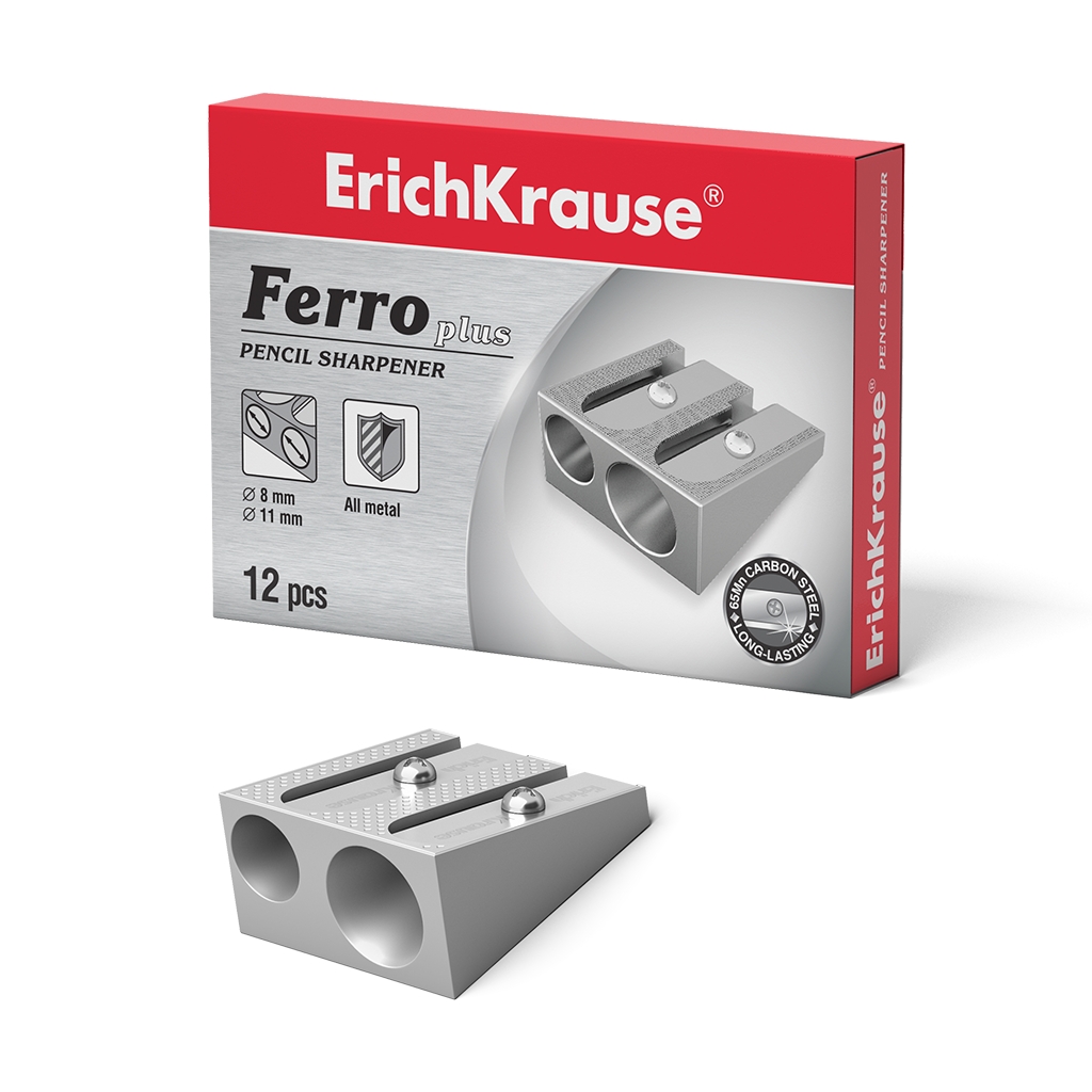 LOT de 12 Erichkrause Ferro Plus - Taille-crayon double en aluminium - Prise en main ergonomique - Deux trous de 8 mm et 11 mm - Lame en acier au carbone en forme de spirale - Couleur argent