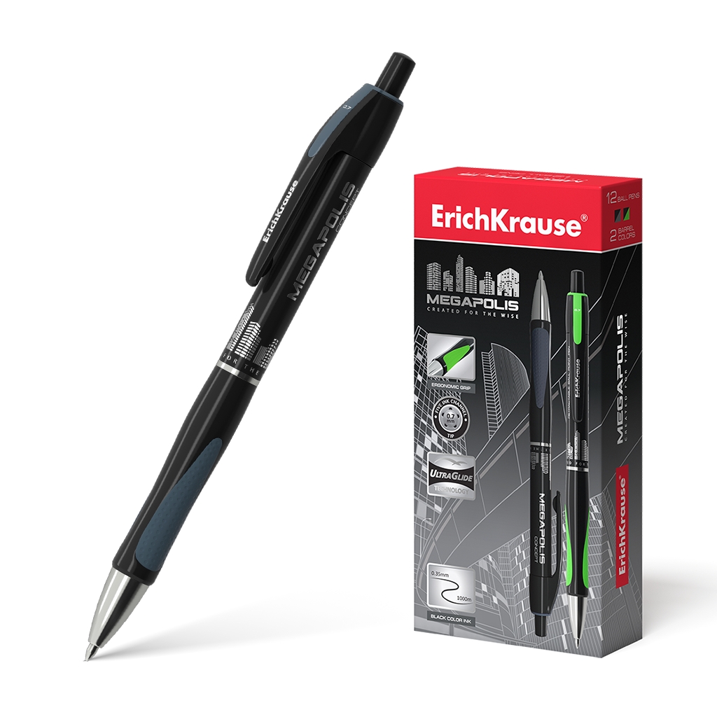 LOT de 12 Erichkrause Megapolis Concept Stylo à bille automatique - Corps rond en satin - Zone de préhension ergonomique - Pointe 5 canaux - Encre à séchage rapide - Couleur Noir