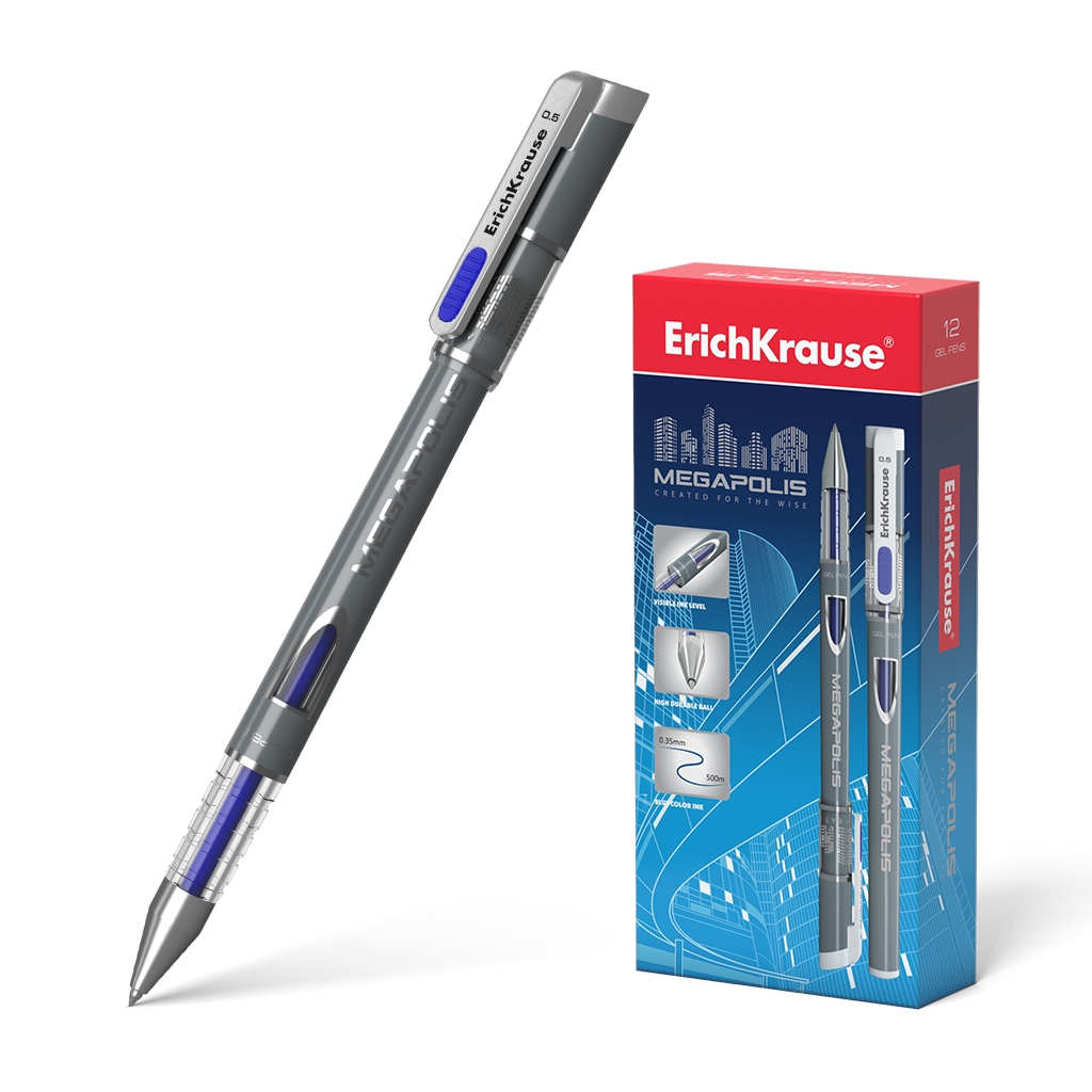 LOT de 12 Erichkrause Megapolis Gel - Corps rond opaque - Fenêtre de contrôle de l'encre - Pointe 0,5 mm - Encre gel - Couleur bleue