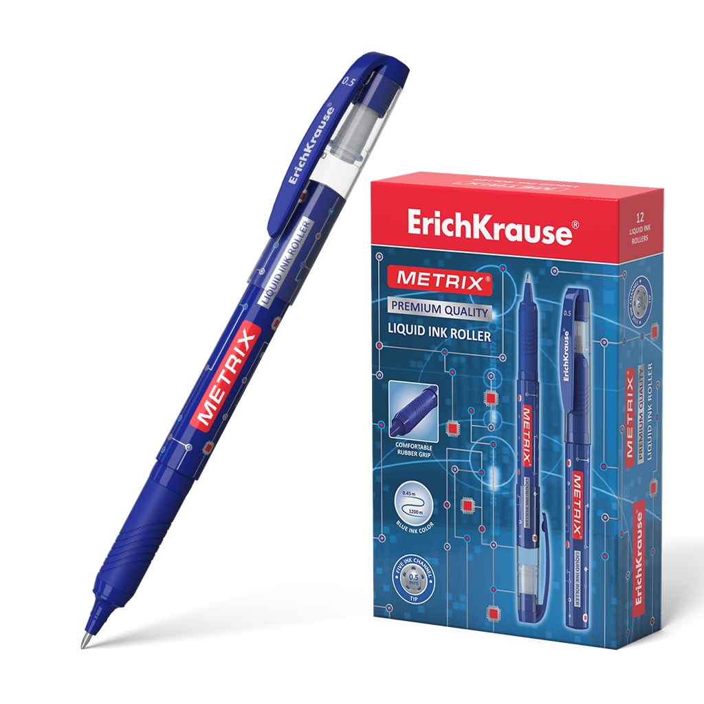 LOT de 12 Erichkrause Metrix - Roller classique à pointe normale - Corps en plastique léger - Encre gel à séchage rapide - Couleur bleue