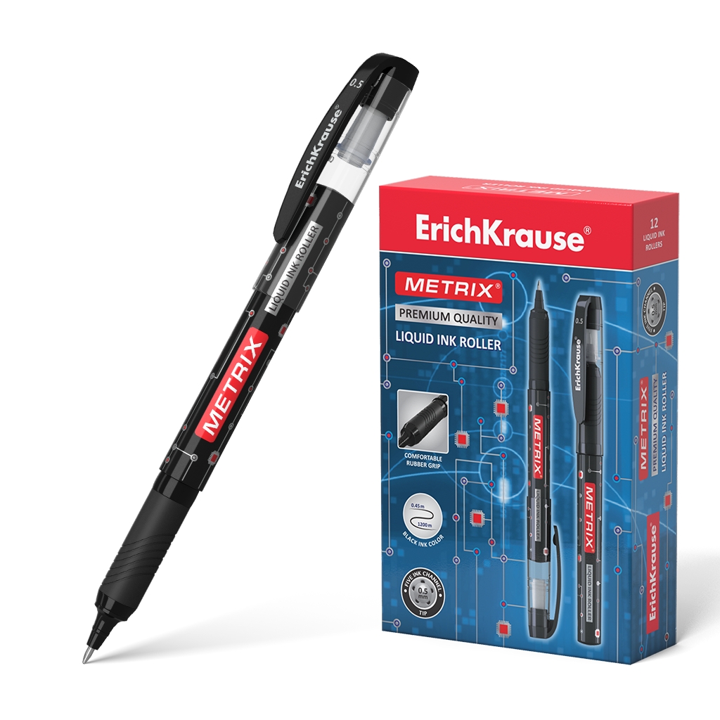 LOT de 12 Erichkrause Metrix - Roller classique avec encre gel à séchage rapide - Corps en plastique léger - Couleur Noir