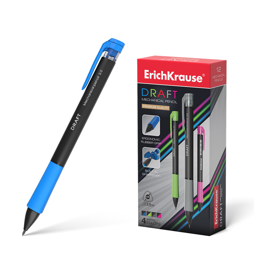 LOT de 12 Erichkrause Portemine Erichkrause Tirage 20 mm - Ergonomique et Triangulaire - Buse Rétractable - Grip Caoutchouc - avec Taille-Crayon - Dureté HB - Couleur Noir