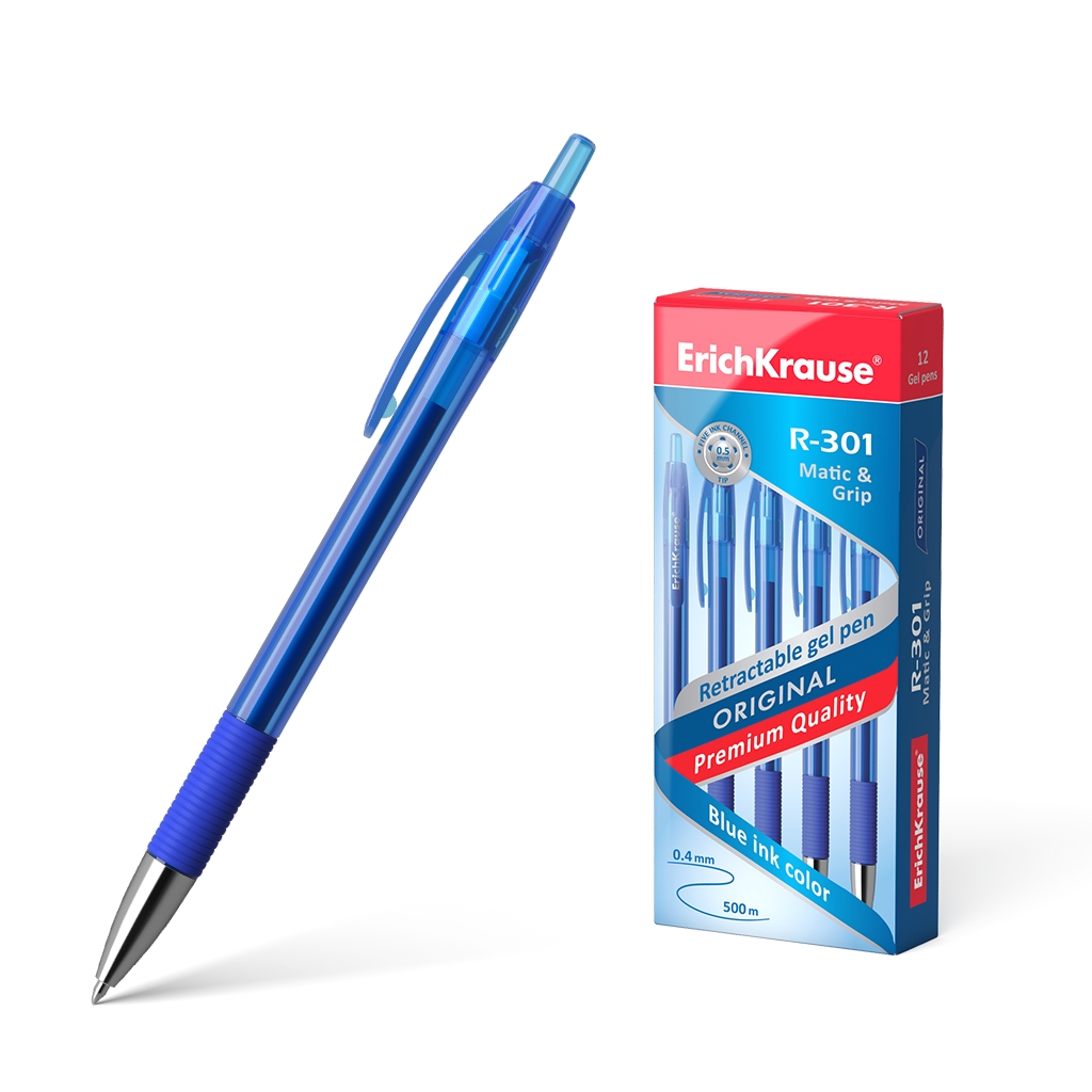 LOT de 12 Erichkrause Stylo Gel Automatique R-301 Original Gel Matic&Grip - Pointe 0,5 mm - Encre Gel à Séchage Rapide - Corps Transparent - Couleur Azur