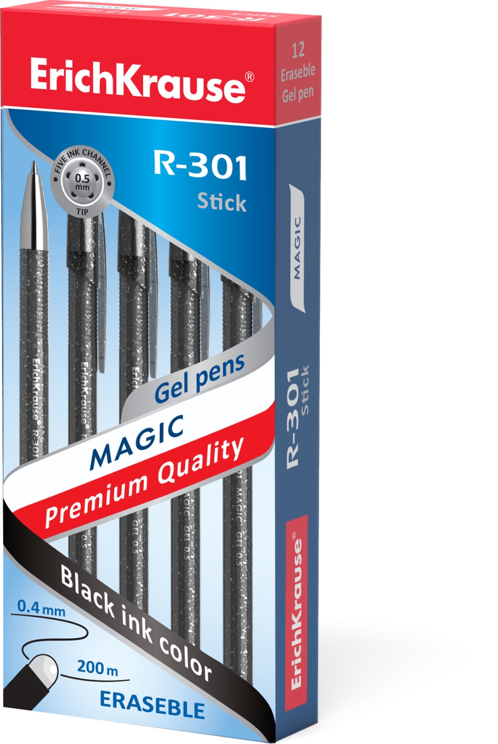 LOT de 12 Erichkrause Stylo Gel Effaçable R-301 Magic Gel 05 - Corps Rond Teinté Semi-Transparent - Encre Gel à Séchage Rapide - Couleur Noir