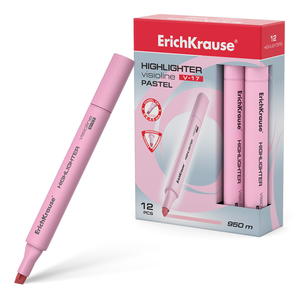 LOT de 12 Erichkrause Visioline V-17 Pastel - Marqueur de texte - Pointe biseautée - Encre à base d'eau - Couleur rose