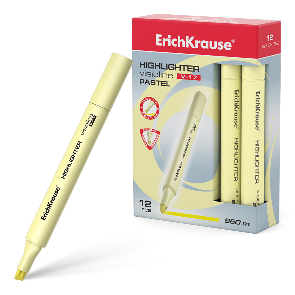 LOT de 12 Erichkrause Visioline V-17 Pastel - Marqueur de texte - Pointe biseautée - Encre fluorescente à base d'eau - Couleur jaune