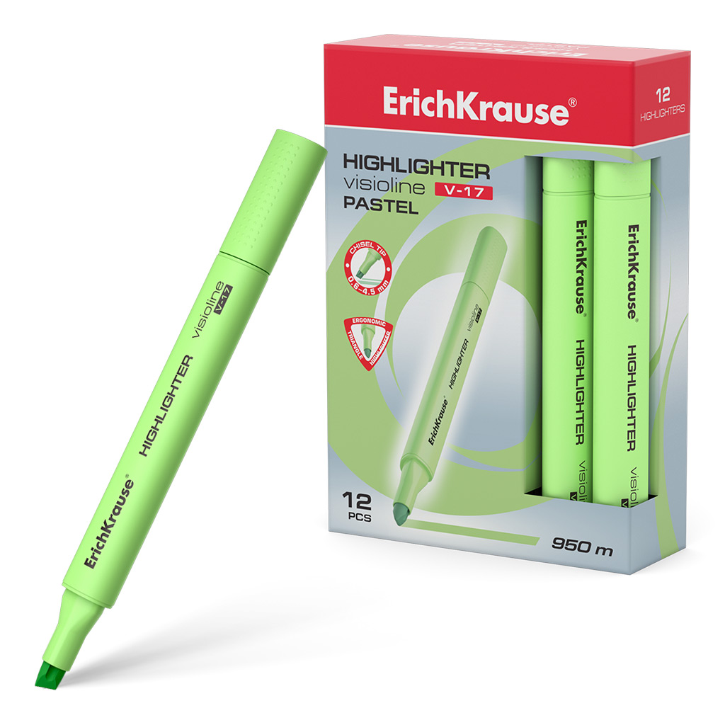 LOT de 12 Erichkrause Visioline V-17 Pastel - Marqueur de texte - Pointe biseautée - Encre fluorescente à base d'eau - Couleur verte