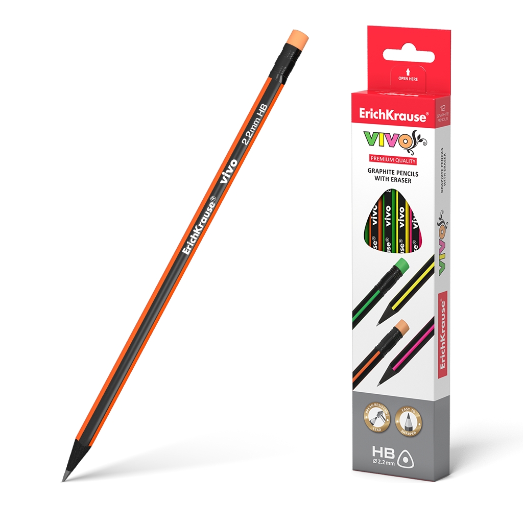 LOT de 12 Erichkrause Vivo HB - Crayon Graphite Triangulaire avec Gomme - Bois Sélectionné - Haute Résistance Aux Chocs - Affûtage Facile - La Mine Ne Raye Pas Le Papier - Gomme De Dureté Moyenne - Couleur Noir