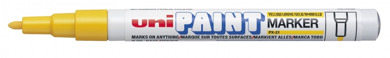 LOT de 12 Marqueur de peinture Uni-ball PX-21 - Marqueur de peinture - Pointe acrylique ogive 0,8-1,2 mm - Permanent sur toutes les surfaces - Résistant à la lumière et à l'eau - Corps en aluminium - Couleur jaune