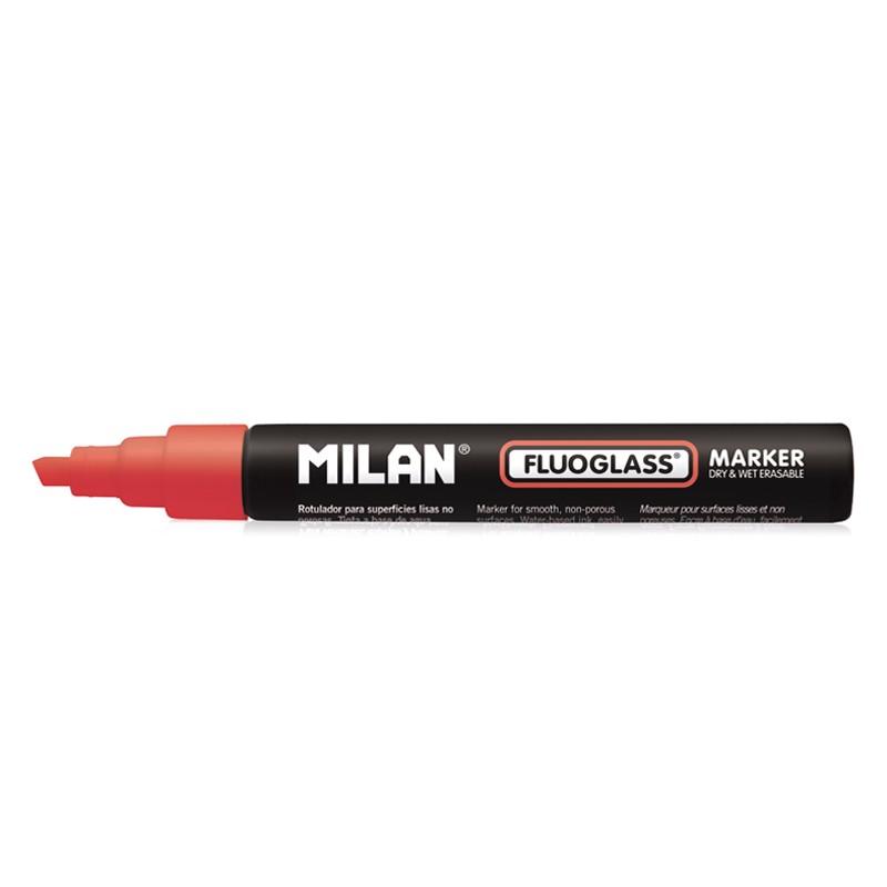 LOT de 12 Marqueur Milan Fluoglass pour surfaces lisses (non poreuses) - Pointe biseautée - Ligne de 2 à 4 mm - Encre à base d'eau - Effacement facile - Couleur rouge