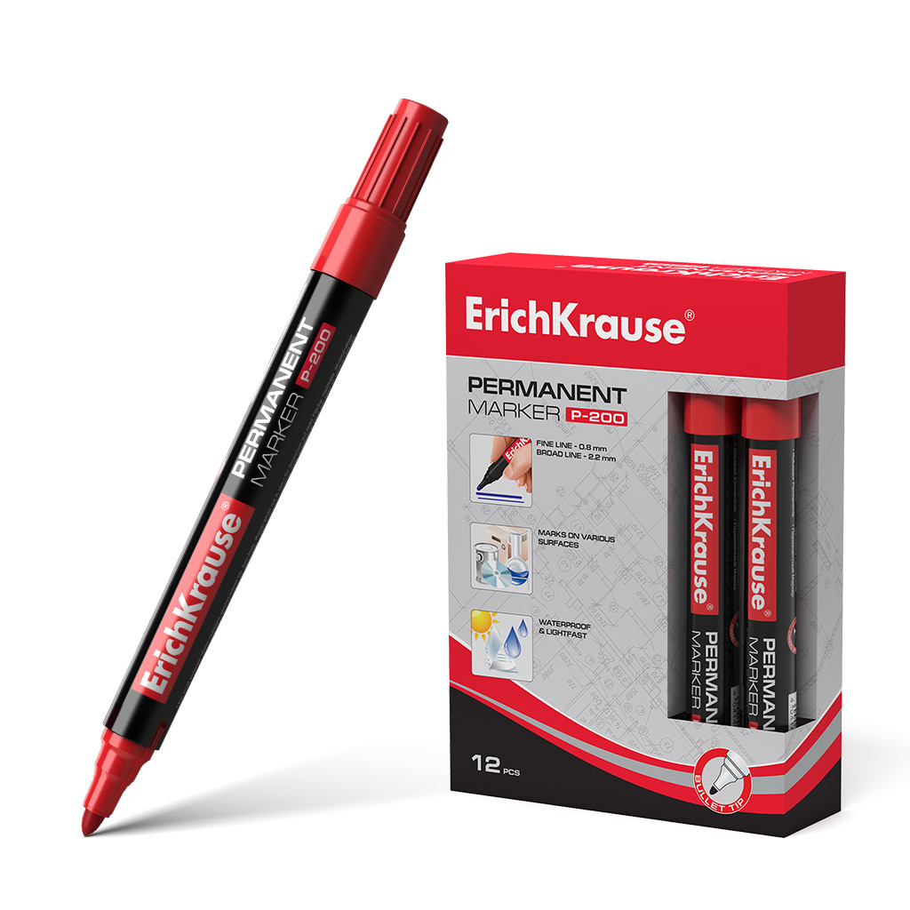 LOT de 12 Marqueur permanent Erichkrause P-200 - Pointe conique - Résistant à l'eau et aux UV - Couleur Rouge