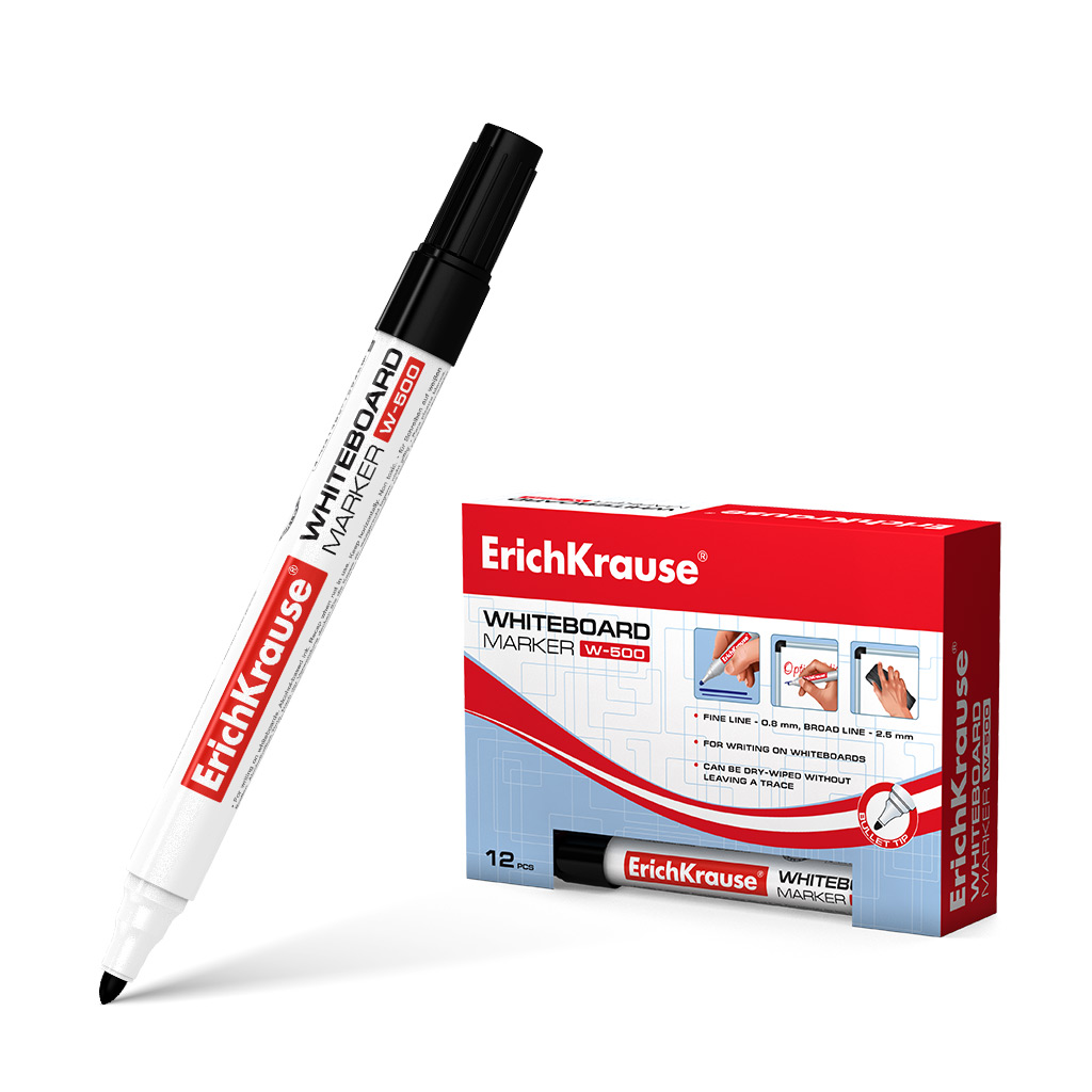 LOT de 12 Marqueur pour tableau blanc Erichkrause W-500 - Pointe conique résistante aux dommages - Largeur d'écriture de 08 à 25 mm - Encre à base d'alcool - Couleur Noir