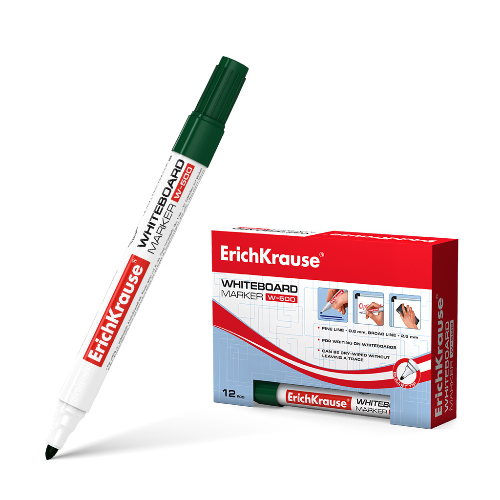 LOT de 12 Marqueur pour tableau blanc Erichkrause W-500 - Pointe conique résistante aux dommages - Largeur d'écriture de 08 à 25 mm - Encre à base d'alcool - Couleur verte