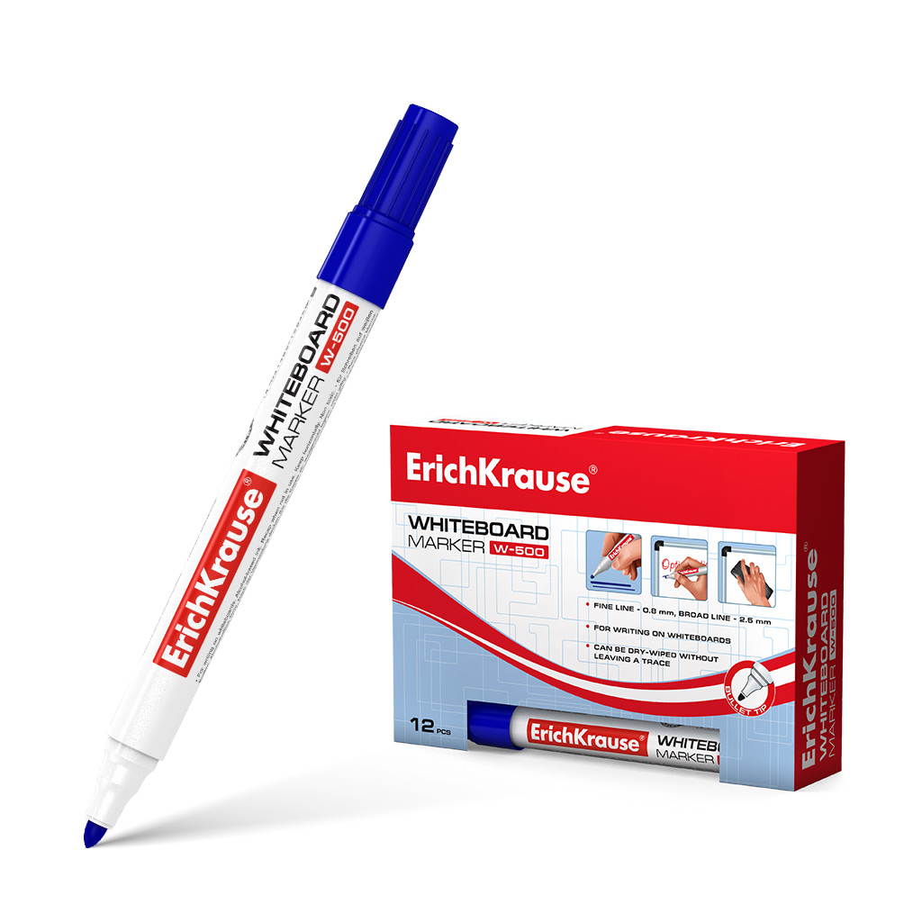 LOT de 12 Marqueur pour tableau blanc Erichkrause W-500 - Pointe résistante aux dommages - Largeur d'écriture de 0,8 à 2,5 mm - Encre à base d'alcool - Couleur bleue