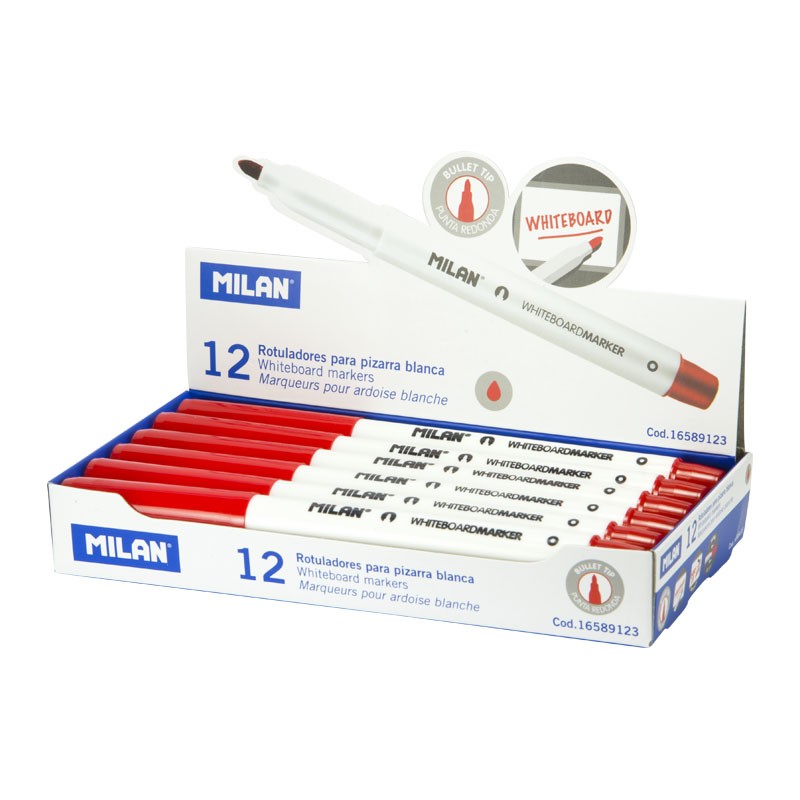 LOT de 12 Marqueurs pour tableau blanc Milan avec pointe ogive - Pointe 3,7 mm - Encre à base d'alcool - Effaçable à sec - Couleur rouge