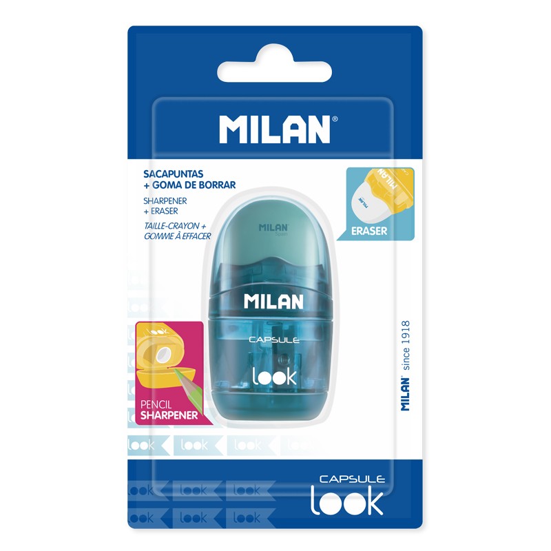 LOT de 12 Milan Blister CAPSULE LOOK Taille-crayon - Taille-crayon et gomme - Lame en acier au carbone - Pour tous types de crayons - Lame de sécurité