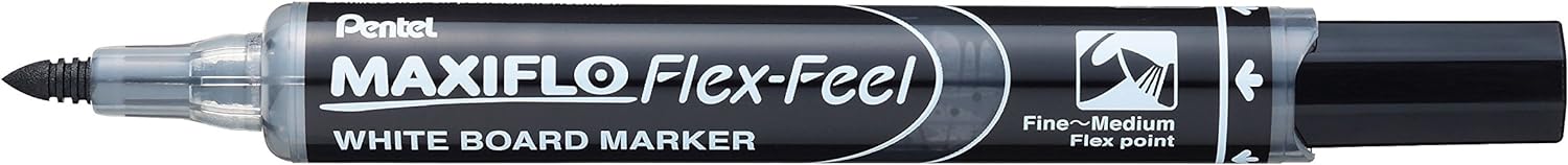 LOT de 12 Pentel Marqueur pour tableau blanc Maxiflo Flex-Feel - Pointe flexible 4,6 mm - Course de 1 à 5 mm - Distribution d'encre par piston - Couleur Noir