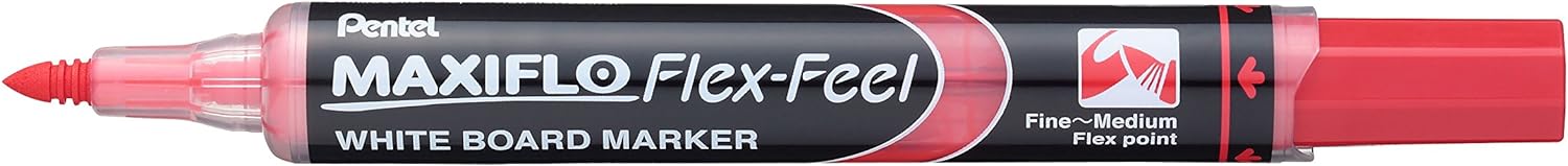 LOT de 12 Pentel Maxiflo Flex-Feel Marqueur pour tableau blanc - Pointe flexible 4,6 mm - Course 1 à 5 mm - Dosage d'encre par piston - Couleur rouge