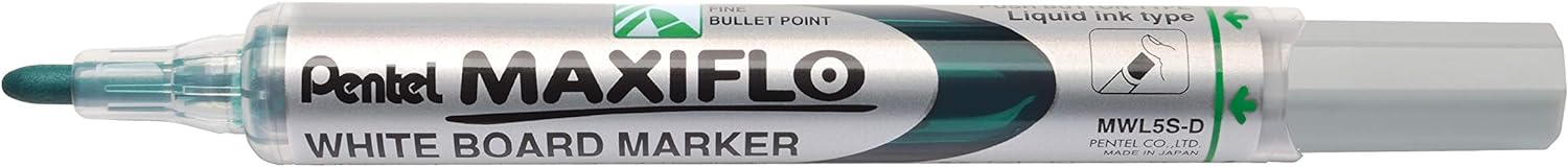 LOT de 12 Pentel Maxiflo Marqueur pour tableau blanc - Pointe ogive - Largeur de trait 2 mm - Régulation du débit d'encre - 50 % de matériaux recyclés - Couleur Vert