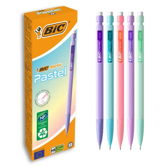 LOT de 12 Porte-mine Bic Matic Pastel 0,7 mm HB avec gomme - Pointe rétractable - Corps de couleurs pastel assorties