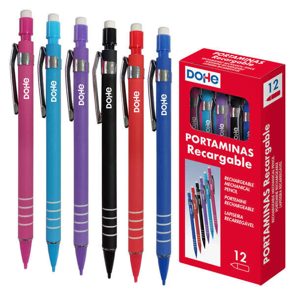 LOT de 12 Porte-mine rechargeable Dohe avec corps en plastique - Zone de préhension rainurée - Clip en métal - Bouton poussoir avec gomme - Pointe en plastique - pour mines de 0,5 mm