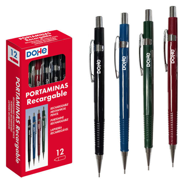 LOT de 12 Porte-mine rechargeable Dohe - Corps en plastique - Zone de préhension rainurée - Clip, bouton poussoir et pointe en métal - Gomme - pour mines de 0,5 mm