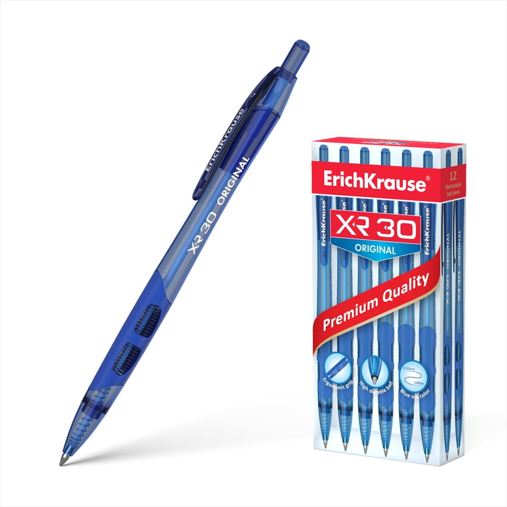 LOT de 12 Stylo à bille automatique Erichkrause Xr-30 - Corps rond translucide - Zone de préhension ergonomique - Pointe 5 canaux - Encre à séchage rapide - Couleur bleue