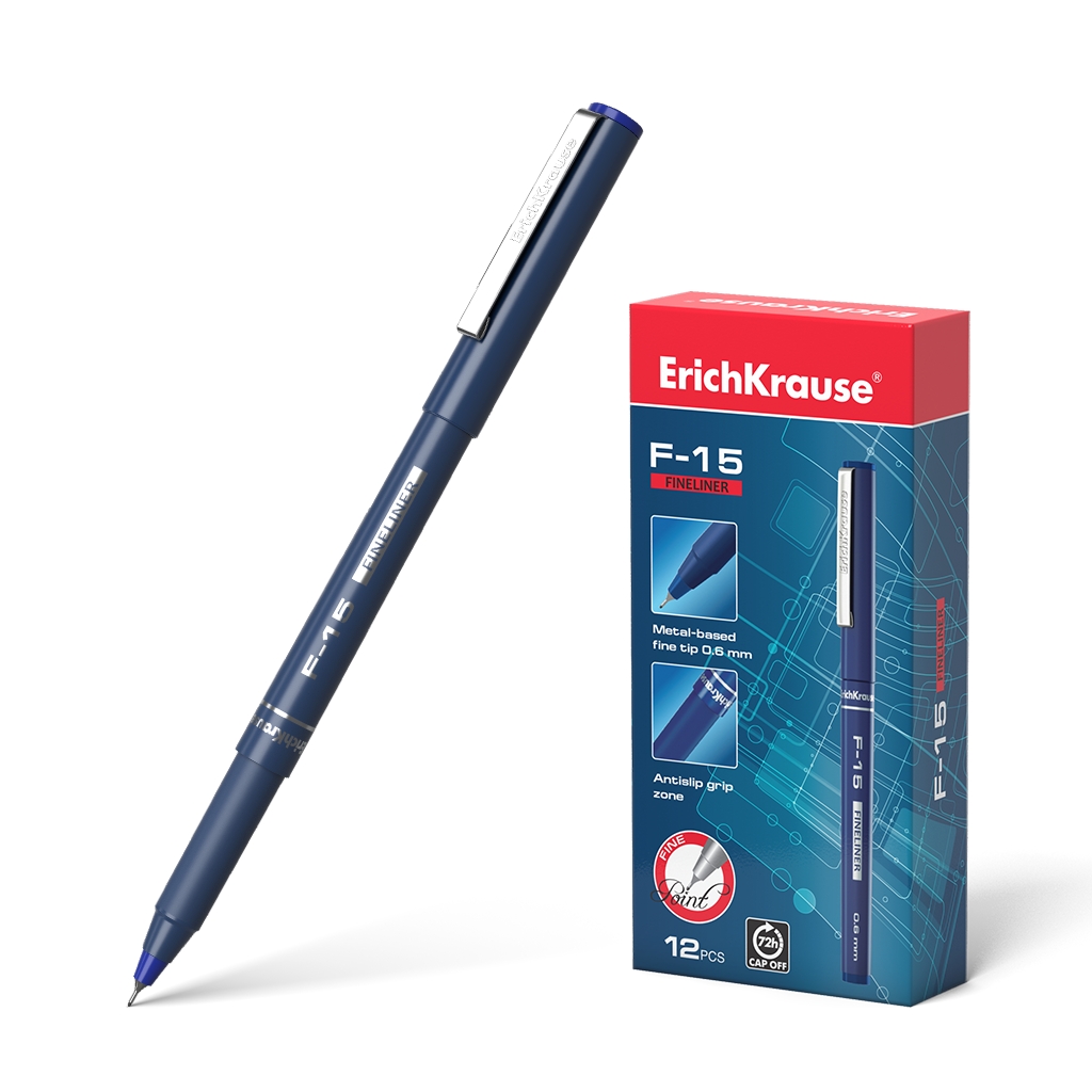 LOT de 12 Stylo à bille Erichkrause F-15 Fine Line - Clip en métal - Convient à tout type de papier - Corps rond opaque - Couleur bleue