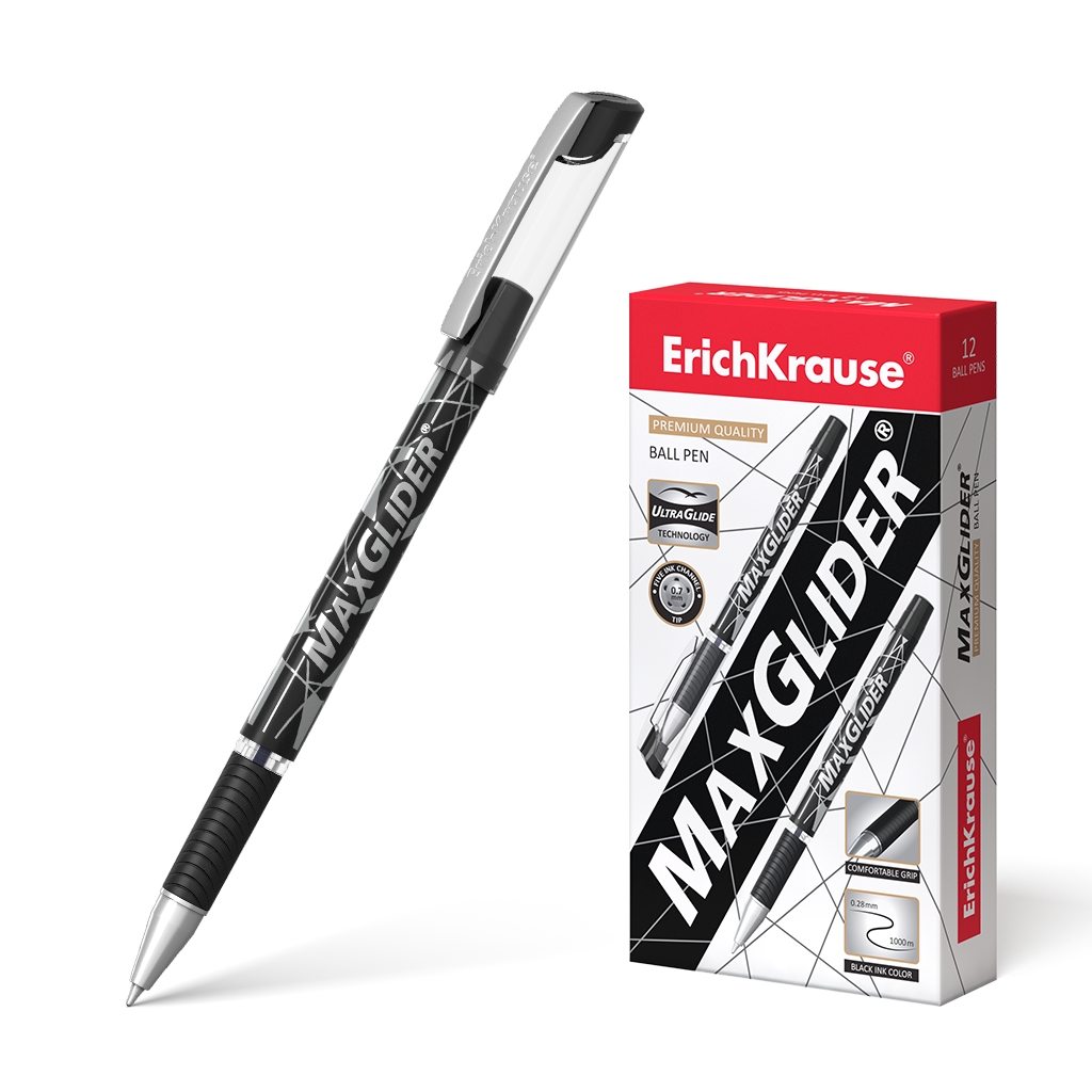 LOT de 12 Stylo à bille Erichkrause Maxglider - Technologie Ultra Glide - Pointe hybride - Encre noire