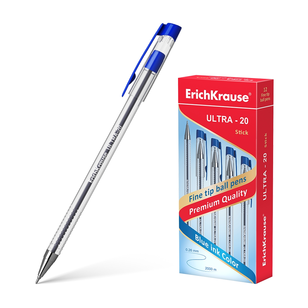 LOT de 12 Stylo à bille Erichkrause Ultra-20 - Pointe aiguille en métal - Corps rond transparent avec grip - Encre à faible viscosité - Couleur bleue