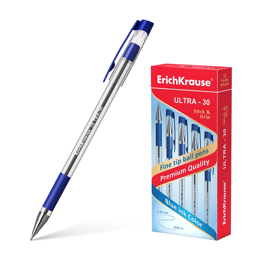 LOT de 12 Stylo à bille Erichkrause Ultra-30 - Rechargeable avec pointe fine - Corps transparent avec grip en caoutchouc - Encre à séchage rapide - Couleur bleue