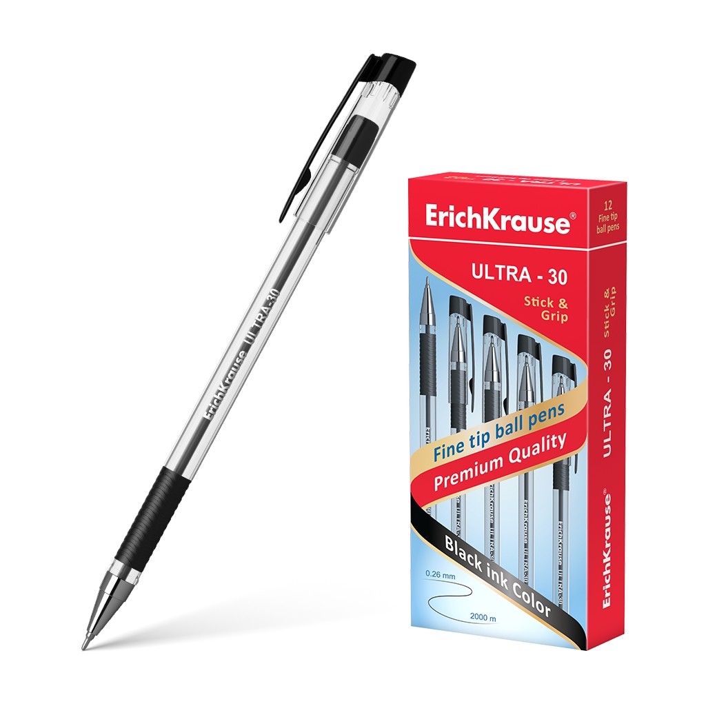 LOT de 12 Stylo à bille Erichkrause Ultra-30 - Rechargeable avec pointe fine - Corps transparent avec grip en caoutchouc - Encre noire - 2000 m d'écriture précise et rapide - Couleur noire