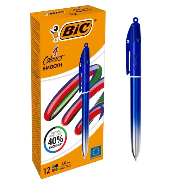 LOT de 12 Stylo à bille rétractable Bic 4 couleurs dégradé bleu lisse - Pointe moyenne 1,0 mm - Écriture 40 % plus fluide - 4 couleurs