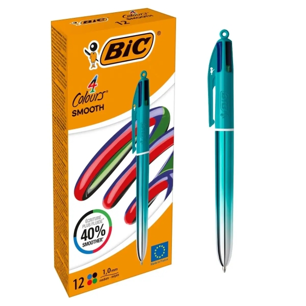 LOT de 12 Stylo à bille rétractable Bic 4 couleurs dégradé vert lisse - Pointe moyenne 1,0 mm - Écriture 40 % plus fluide - 4 couleurs