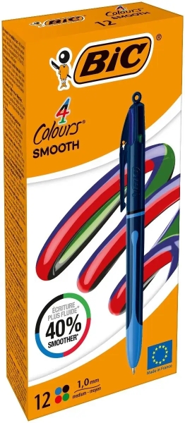 LOT de 12 Stylo à bille rétractable Bic 4 couleurs Smooth Drop - Pointe moyenne 1,0 mm - Écriture 40 % plus fluide - 4 couleurs