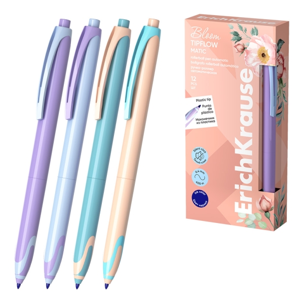 LOT de 12 Stylo à bille rétractable Erichkrause Bloom TipFlow Matic Pastel - 0,5 mm - Trait 0,4 mm - Encre bleue - Corps pastel