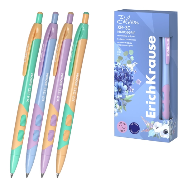 LOT de 12 Stylo à bille rétractable Erichkrause Bloom XR-30 Matic&Grip Pastel - 0,7 mm - Trait 0,35 mm - Encre bleue - Grip - Corps pastel