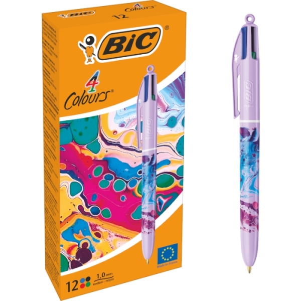 LOT de 12 Stylo bille rétractable Bic 4 couleurs Decors Hydro - Pointe moyenne 1,0 mm - Encre à base d'huile - 4 couleurs