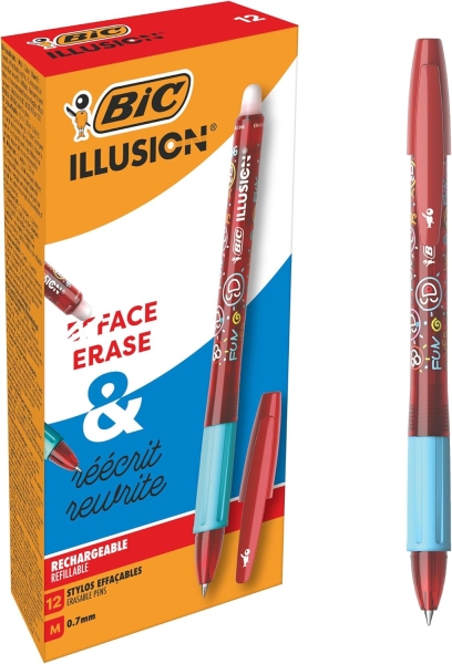 LOT de 12 Stylo effaçable Bic Illusions - Pointe moyenne 0,7 mm - Grip caoutchouc - Rechargeable - Rouge