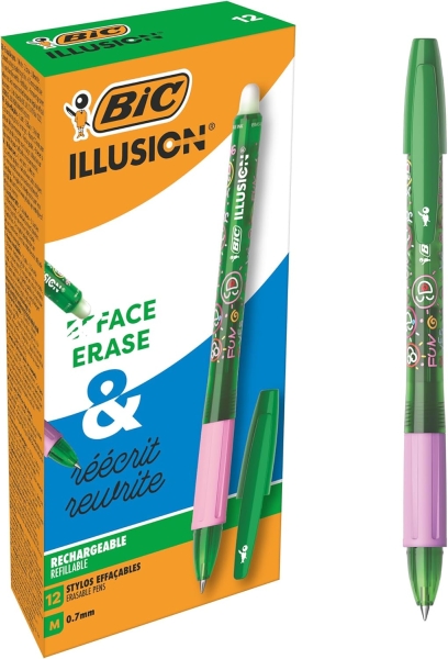 LOT de 12 Stylo effaçable Bic Illusions - Pointe moyenne 0,7 mm - Grip caoutchouc - Rechargeable - Vert
