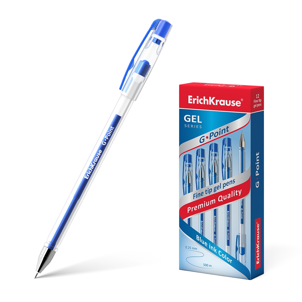 LOT de 12 Stylo gel Erichkrause G-Point - Pointe aiguille 0,38 mm - Encre gel à séchage rapide - Corps transparent - Couleur bleue