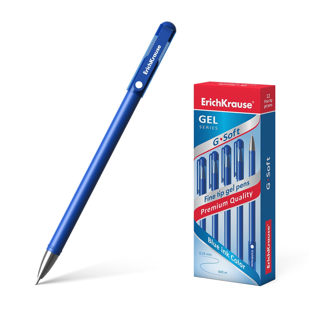 LOT de 12 Stylo gel Erichkrause G-Soft - Revêtement doux au toucher - Aiguille à pointe fine - Encre à séchage rapide - Couleur bleue