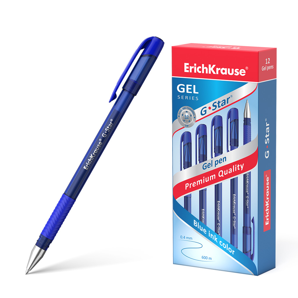 LOT de 12 Stylo gel Erichkrause G-Star 05 - Corps translucide avec poignée en caoutchouc - Pointe 05 mm - Encre gel à séchage rapide - Couleur bleue