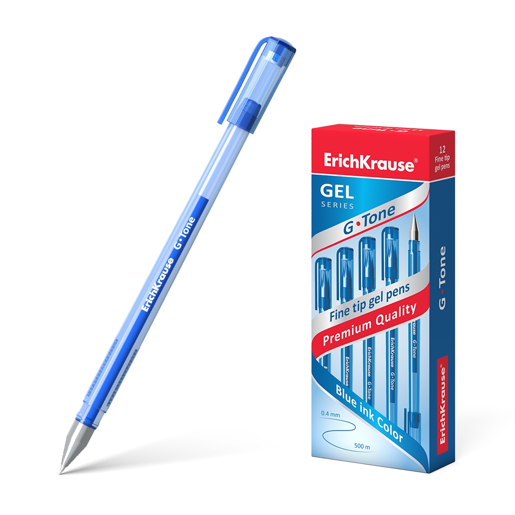 LOT de 12 Stylo gel Erichkrause G-Tone - Corps translucide avec poignée profilée triangulaire - Pointe 0,5 mm - Encre gel à séchage rapide - Couleur bleue
