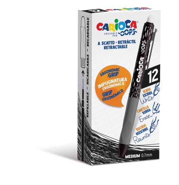 LOT de 12 Stylos Effaçables Carioca Oops - Encre Noire Thermo-Sensible - Grip Triangulaire Ergonomique - Pointe Ø 0,7 mm - Recharges compatibles - Couleur Noir