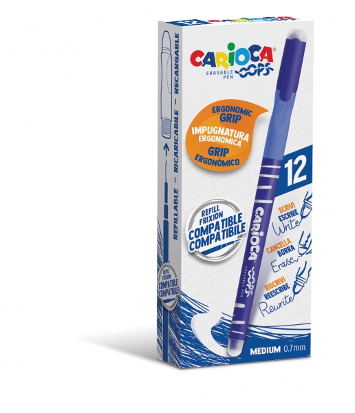 LOT de 12 Stylos Effaçables Carioca Oops - Thermo Sensibles - Grip Triangulaire Ergonomique - Pointe Ø 0,7 mm - Double Caoutchouc - Recharges compatibles - Couleur Bleu