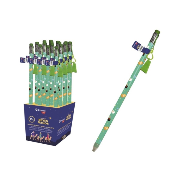 LOT de 16 Bismark Crayon géant Motif Trois Rois Mages – Avec gomme et taille-crayon – Dimensions 38 x 1,5 cm
