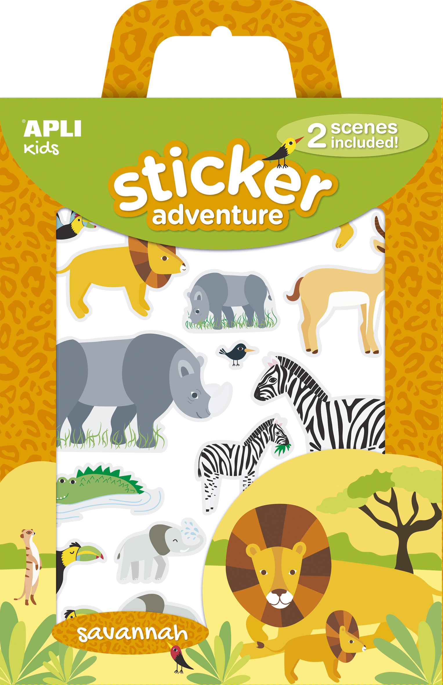 LOT de 2 Apli Lot de Stickers Papier Adhésif Thématique Savane - Comprend 2 Scénarios 45x20cm et 34 Gomets Amovibles - Idéal pour Créer des Histoires et des Aventures - Coloré