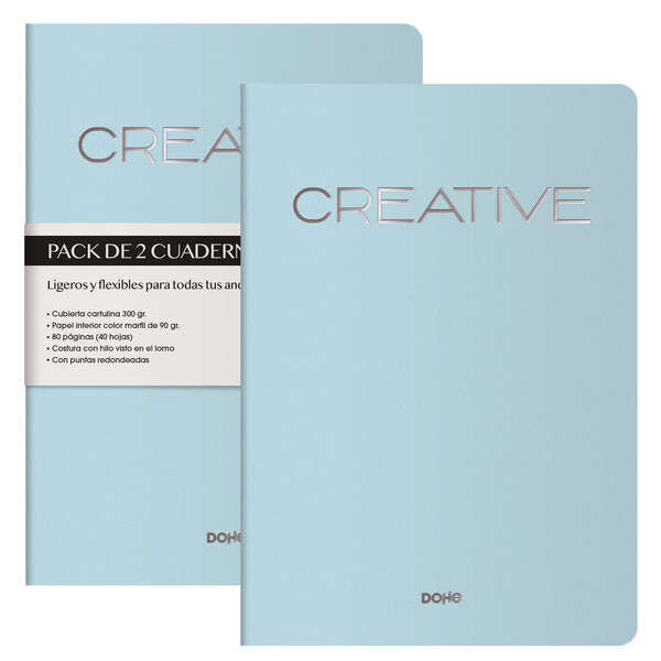 LOT de 2 Cahiers en carton coloré Dohe - 300gr - Impression sur couverture - Pointes arrondies - Dos rond - Reliure cousue - 40 feuilles unies - Papier désossé 90gr - Sous film rétractable en 2 unités